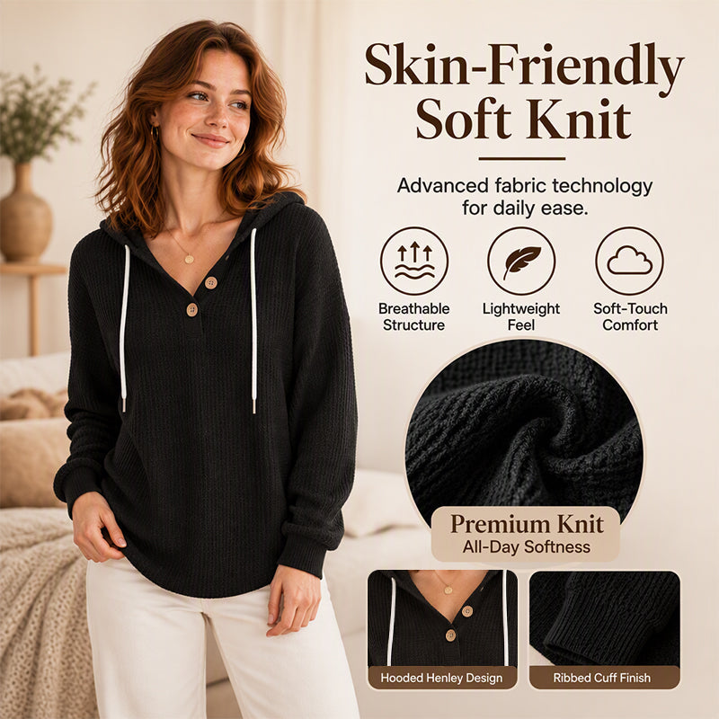 Women's Waffle Knit Henley Hooded Sweatshirt