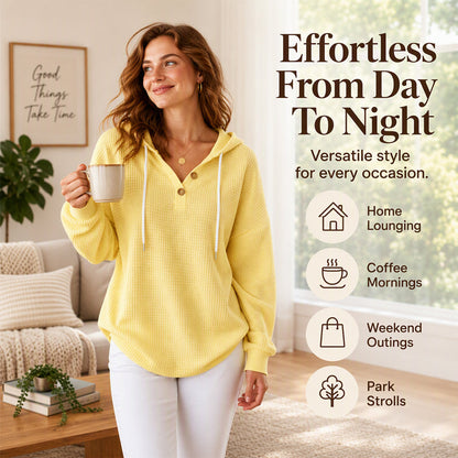 Women's Waffle Knit Henley Hooded Sweatshirt