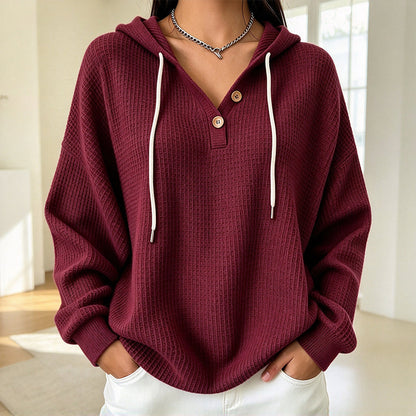Women's Waffle Knit Henley Hooded Sweatshirt