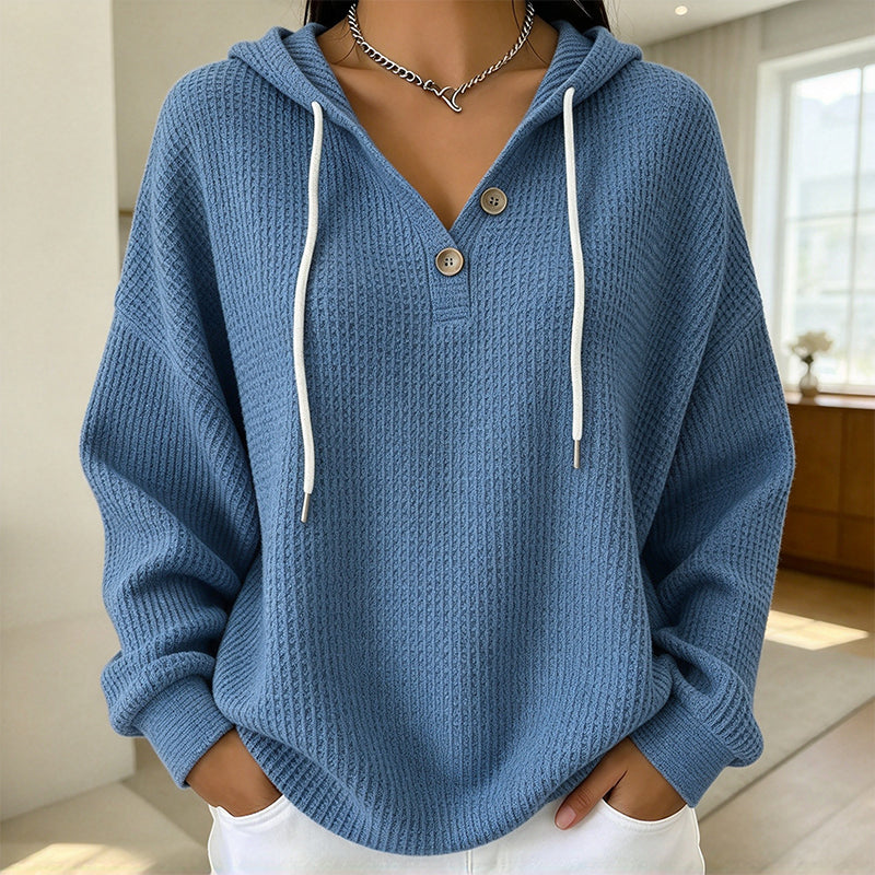 Women's Waffle Knit Henley Hooded Sweatshirt
