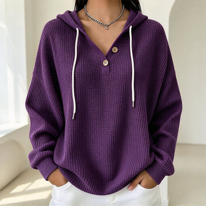 Women's Waffle Knit Henley Hooded Sweatshirt
