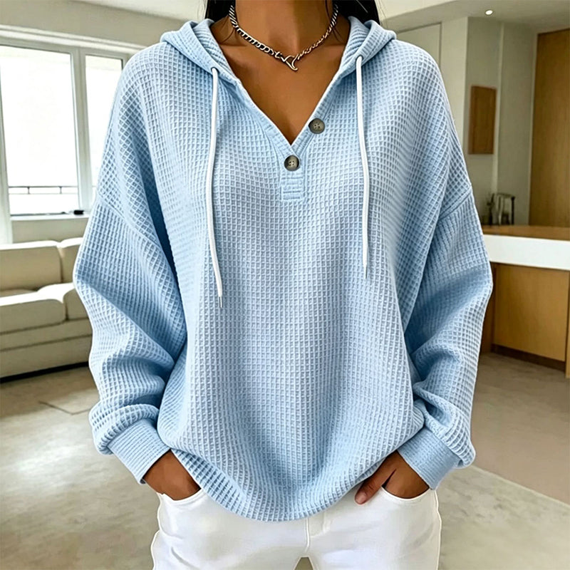 Women's Waffle Knit Henley Hooded Sweatshirt