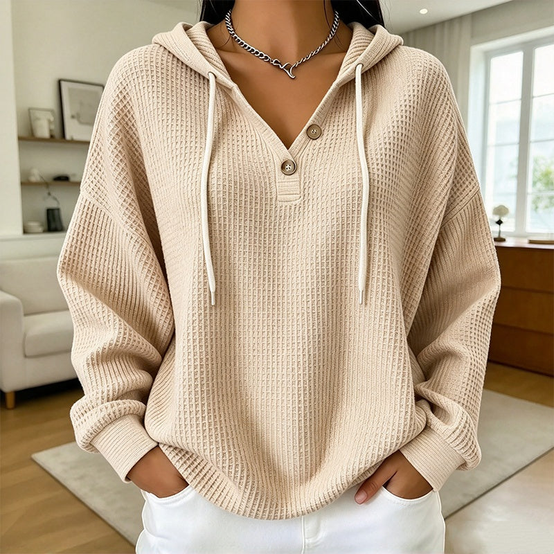 Women's Waffle Knit Henley Hooded Sweatshirt