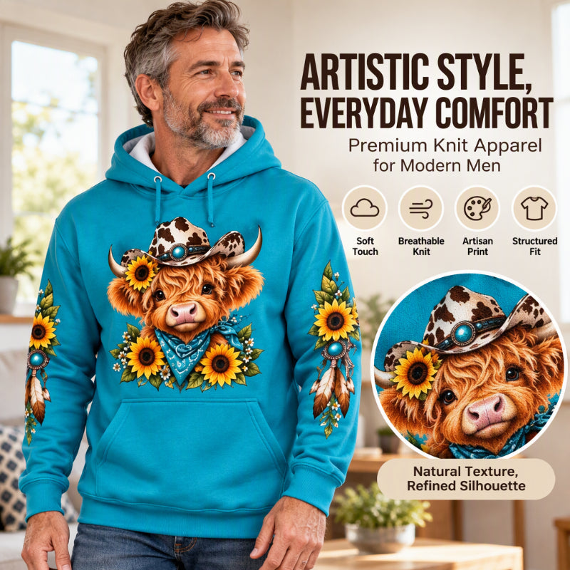 Men's Highland Cow Printed Hoodie with Pocket