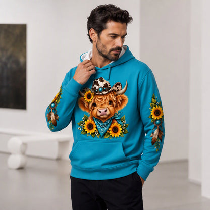 Men's Highland Cow Printed Hoodie with Pocket