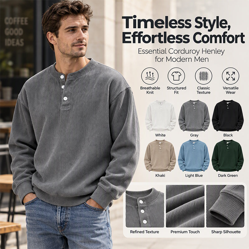 Men's Casual Corduroy Long Sleeve Henley Top