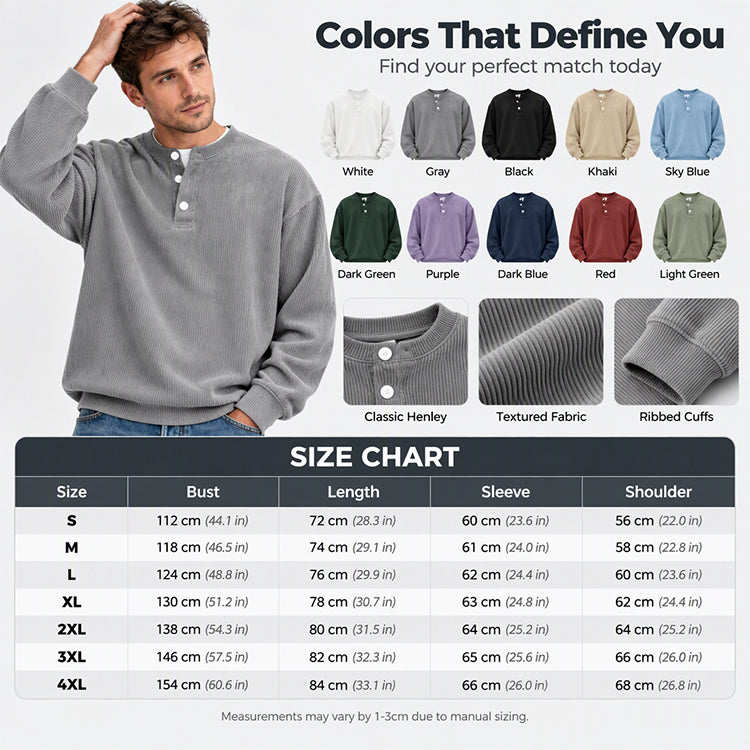 Men's Casual Corduroy Long Sleeve Henley Top