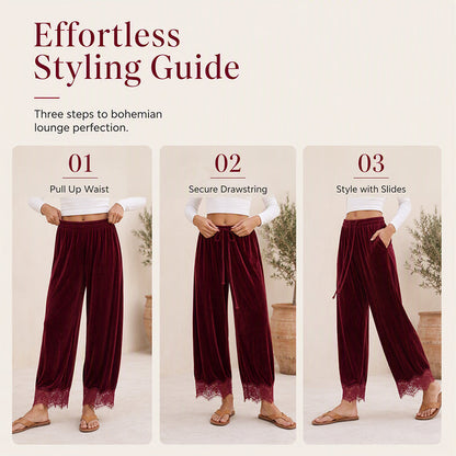 Women's Velvet Wide Leg Pants with Lace Trim