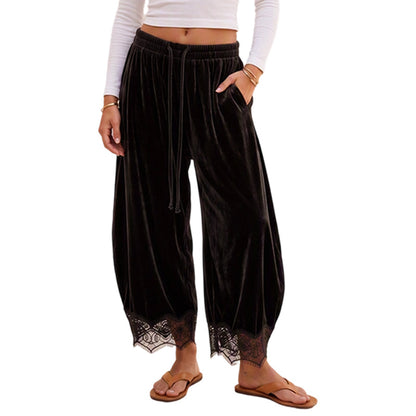 Women's Velvet Wide Leg Pants with Lace Trim