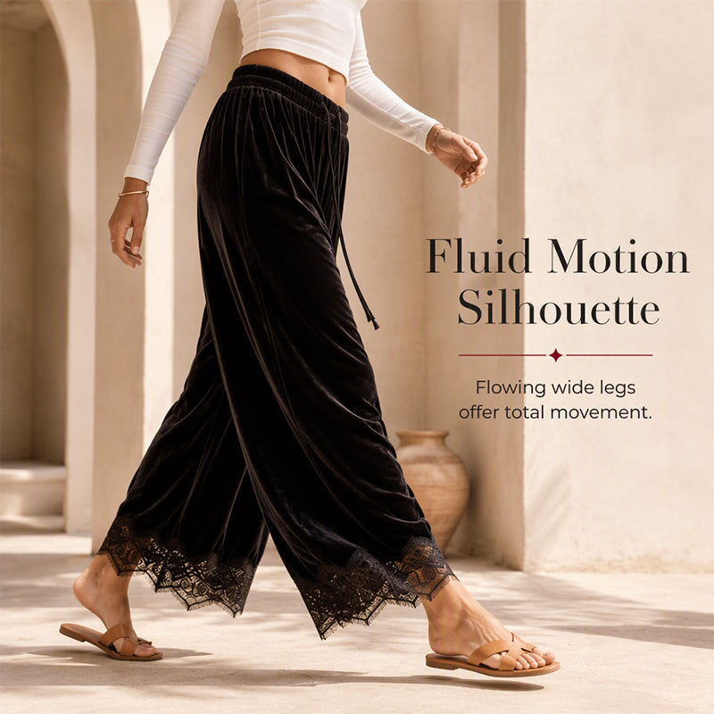 Women's Velvet Wide Leg Pants with Lace Trim