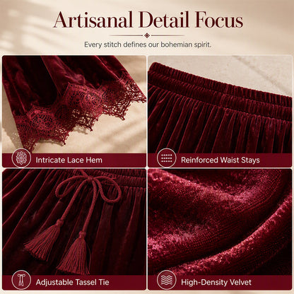 Women's Velvet Wide Leg Pants with Lace Trim