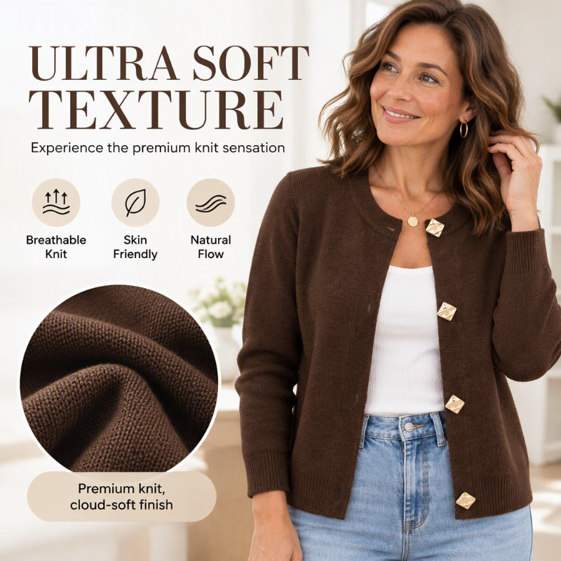 Women's Chic Crewneck Knit Cardigan with Gold Buttons