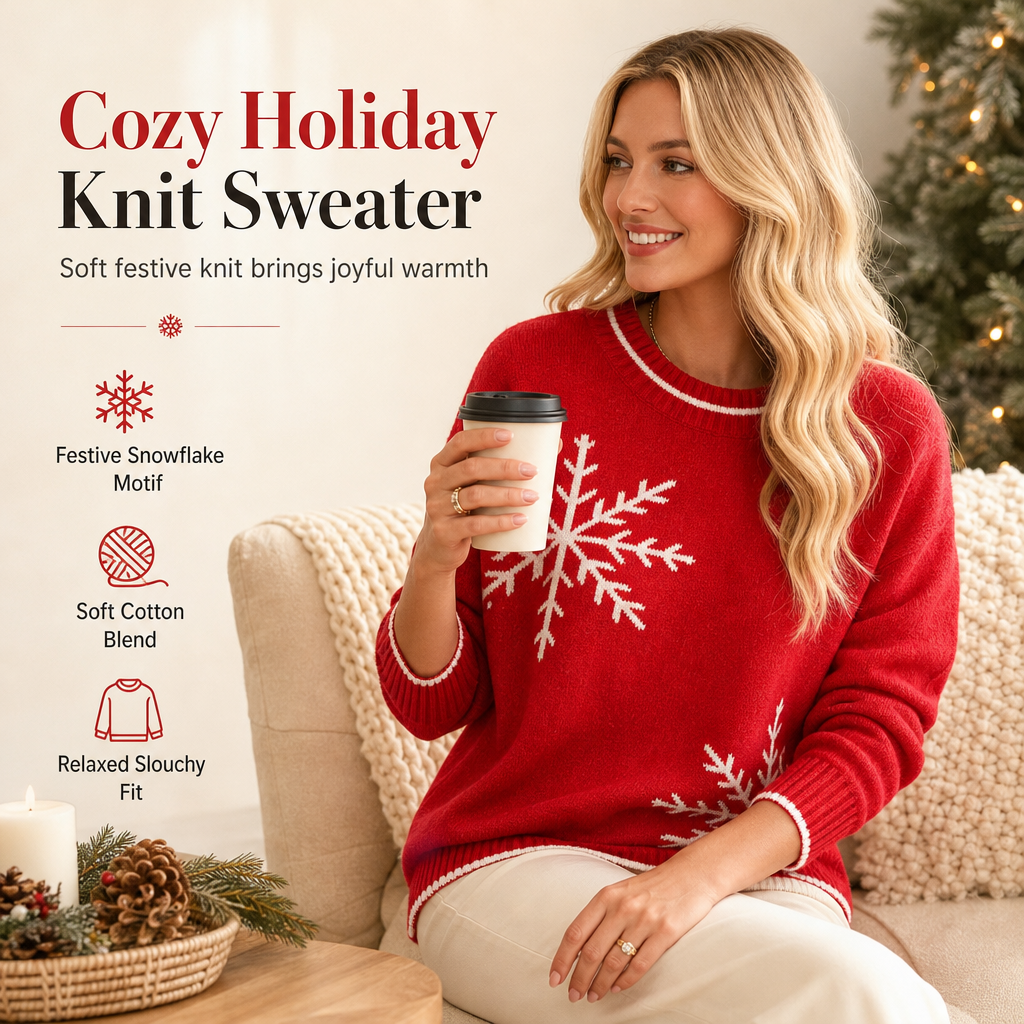 🎄Women's Christmas Snowflake Jacquard Knit Sweater Crew Neck Loose Fit Pullover for Autumn and Winter