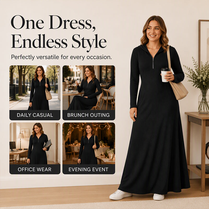 ✨ Ribbed Knit Texture, Easy Hooded Maxi Style | Women's Hooded Maxi Dress