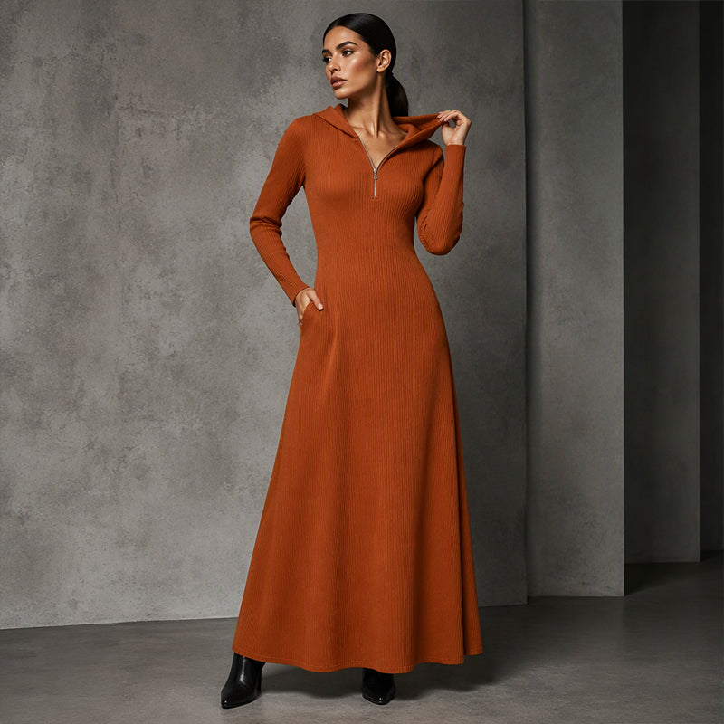 ✨ Ribbed Knit Texture, Easy Hooded Maxi Style | Women's Hooded Maxi Dress