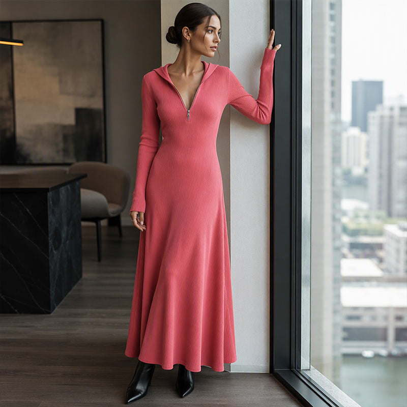 ✨ Ribbed Knit Texture, Easy Hooded Maxi Style | Women's Hooded Maxi Dress