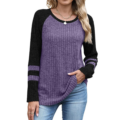 Women's Color-Block Long Sleeve Ribbed Knit Top