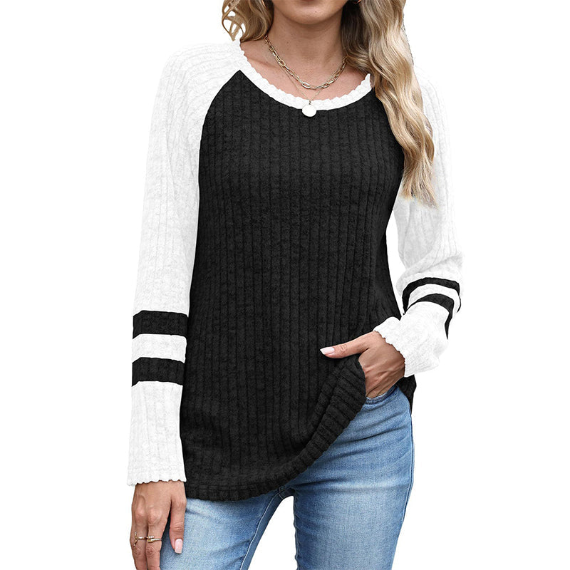 Women's Color-Block Long Sleeve Ribbed Knit Top