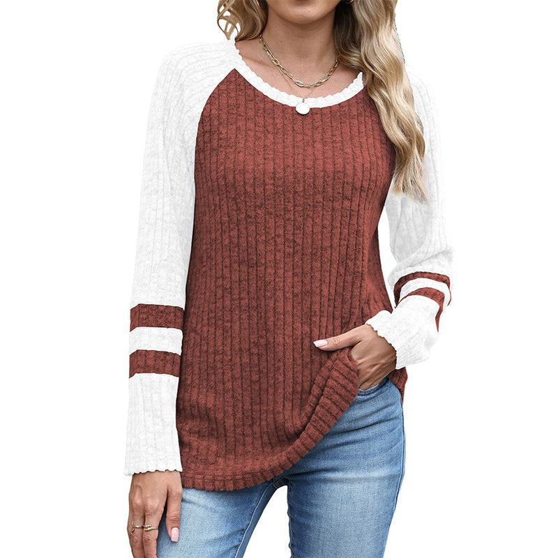 Women's Color-Block Long Sleeve Ribbed Knit Top