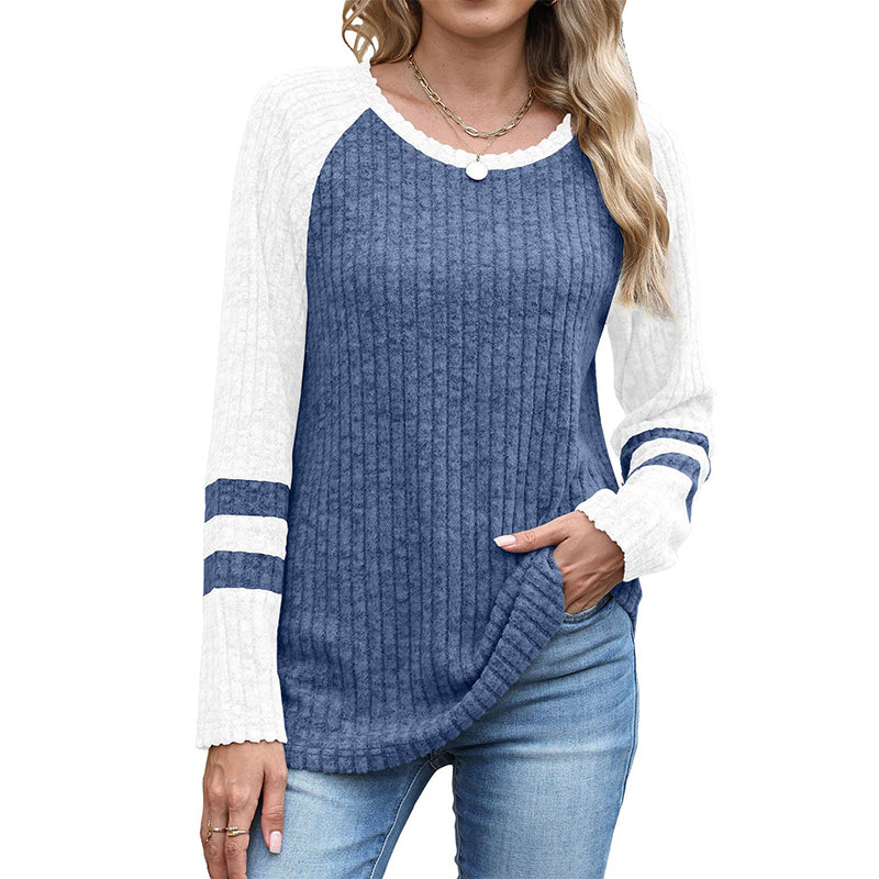Women's Color-Block Long Sleeve Ribbed Knit Top