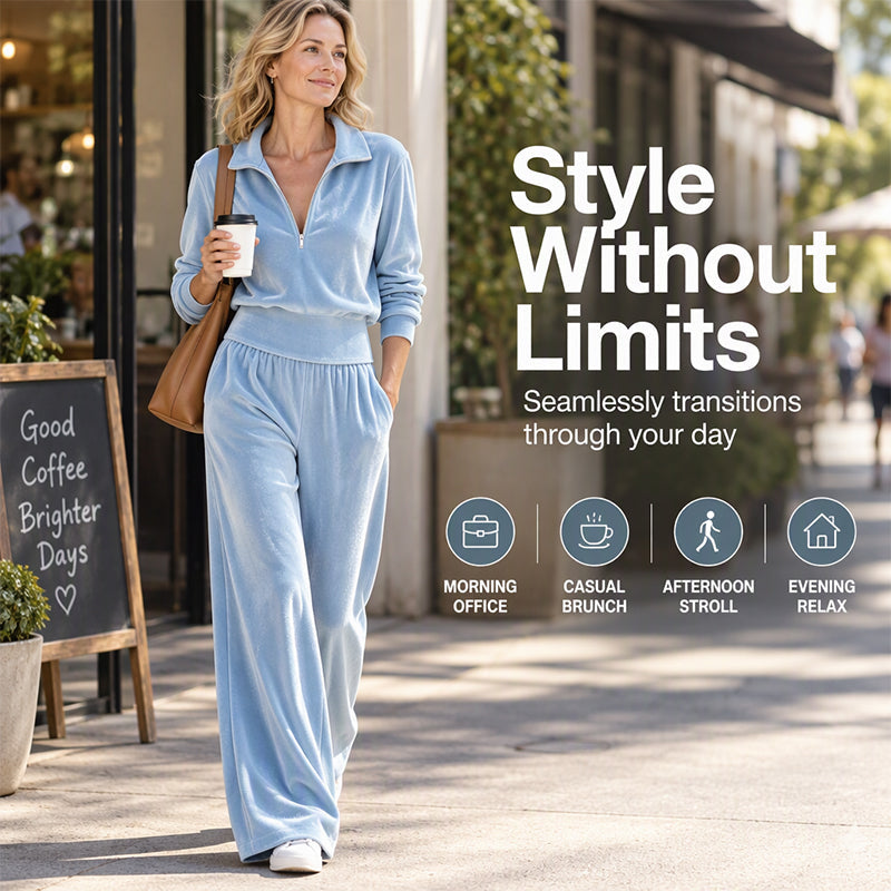 Women's Retro Half-Zip Pullover & Wide-Leg Pants Set