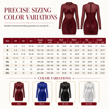✨ Women Sexy Sheer Mesh Patchwork Long Sleeve Bodycon Dress Elegant Evening Party Gown