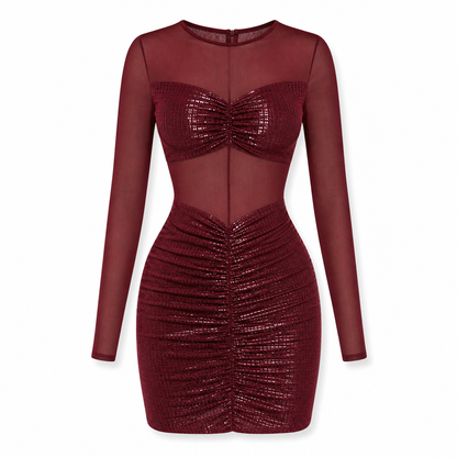 ✨ Women Sexy Sheer Mesh Patchwork Long Sleeve Bodycon Dress Elegant Evening Party Gown