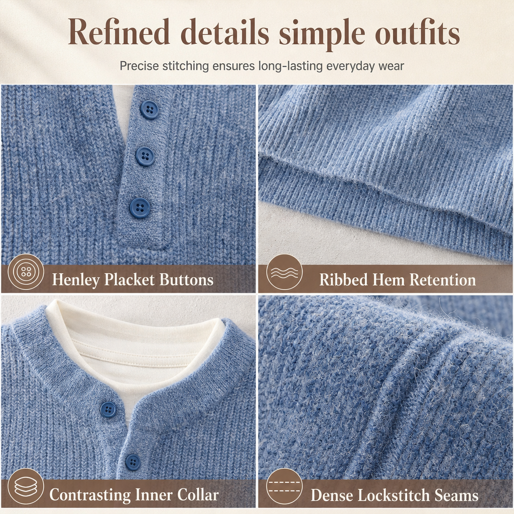 Men's Retro Henley Neck Mock Two Piece Sweater Relaxed Fit Long Sleeve Knit Pullover for Fall and Winter