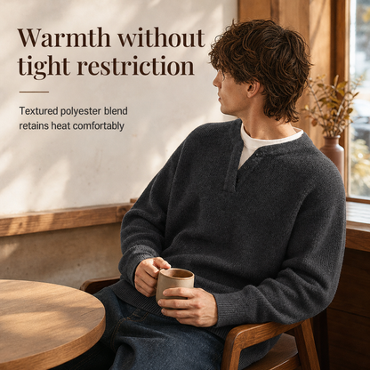 Men's Retro Henley Neck Mock Two Piece Sweater Relaxed Fit Long Sleeve Knit Pullover for Fall and Winter