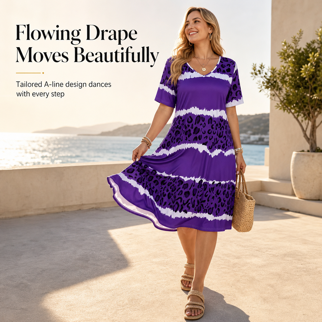 Women's Plus Size V Neck Short Sleeve Printed Dress
