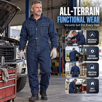 Men's Durable Hooded Denim Work Jumpsuit