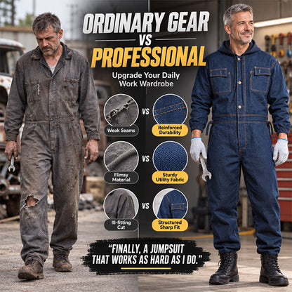 Men's Durable Hooded Denim Work Jumpsuit