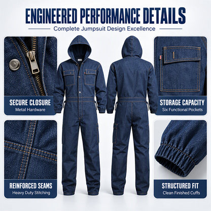 Men's Durable Hooded Denim Work Jumpsuit