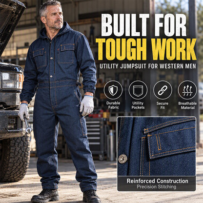 Men's Durable Hooded Denim Work Jumpsuit