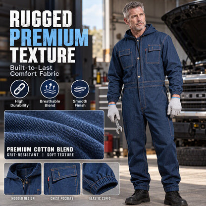 Men's Durable Hooded Denim Work Jumpsuit