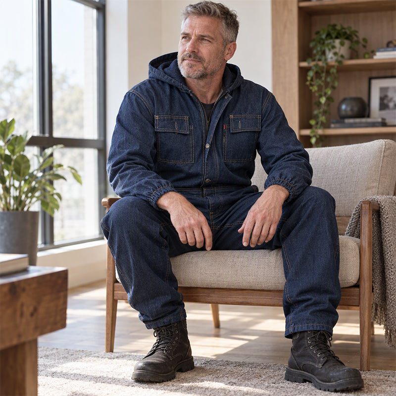 Men's Durable Hooded Denim Work Jumpsuit