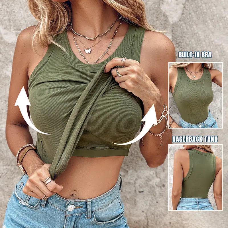 👚 50% OFF NOW! 💖 Last Day Special Price!! –Ribbed Stretchy Tank Top with Shelf Bra –  Built-in support, smoothing fit & no-slip straps – perfect for layering or workouts 💪