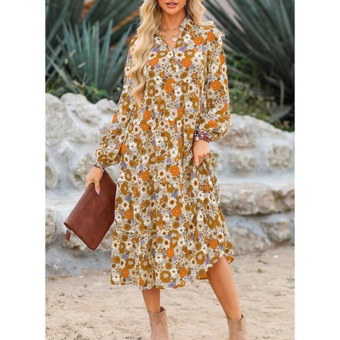 ⏳Limited-time Sale 50% OFF👗Women's 2026 V-Neck Long Puff Sleeve Bohemian Floral Dress