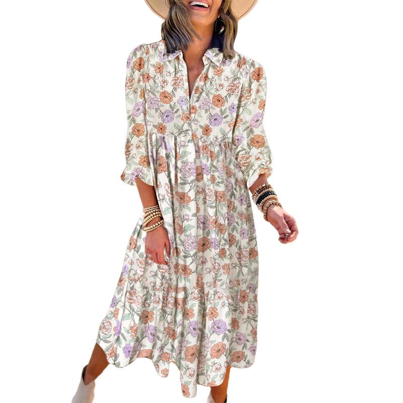 ⏳Limited-time Sale 50% OFF👗Women's 2026 V-Neck Long Puff Sleeve Bohemian Floral Dress