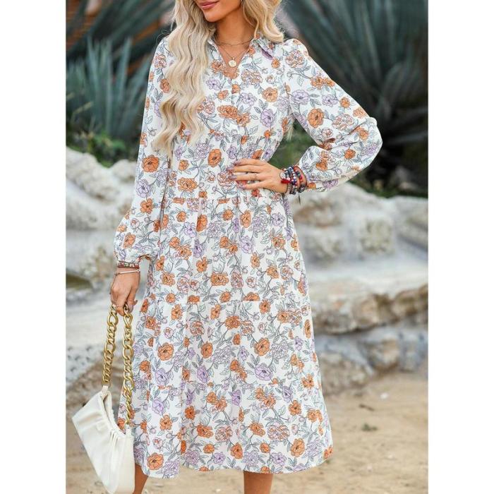 ⏳Limited-time Sale 50% OFF👗Women's 2026 V-Neck Long Puff Sleeve Bohemian Floral Dress