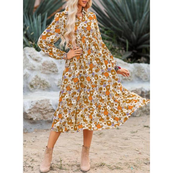 ⏳Limited-time Sale 50% OFF👗Women's 2026 V-Neck Long Puff Sleeve Bohemian Floral Dress