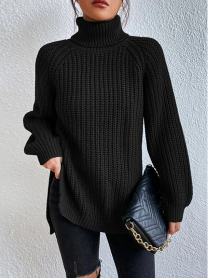 Cotton Turtleneck Raglan Sleeve Split Hem Sweater